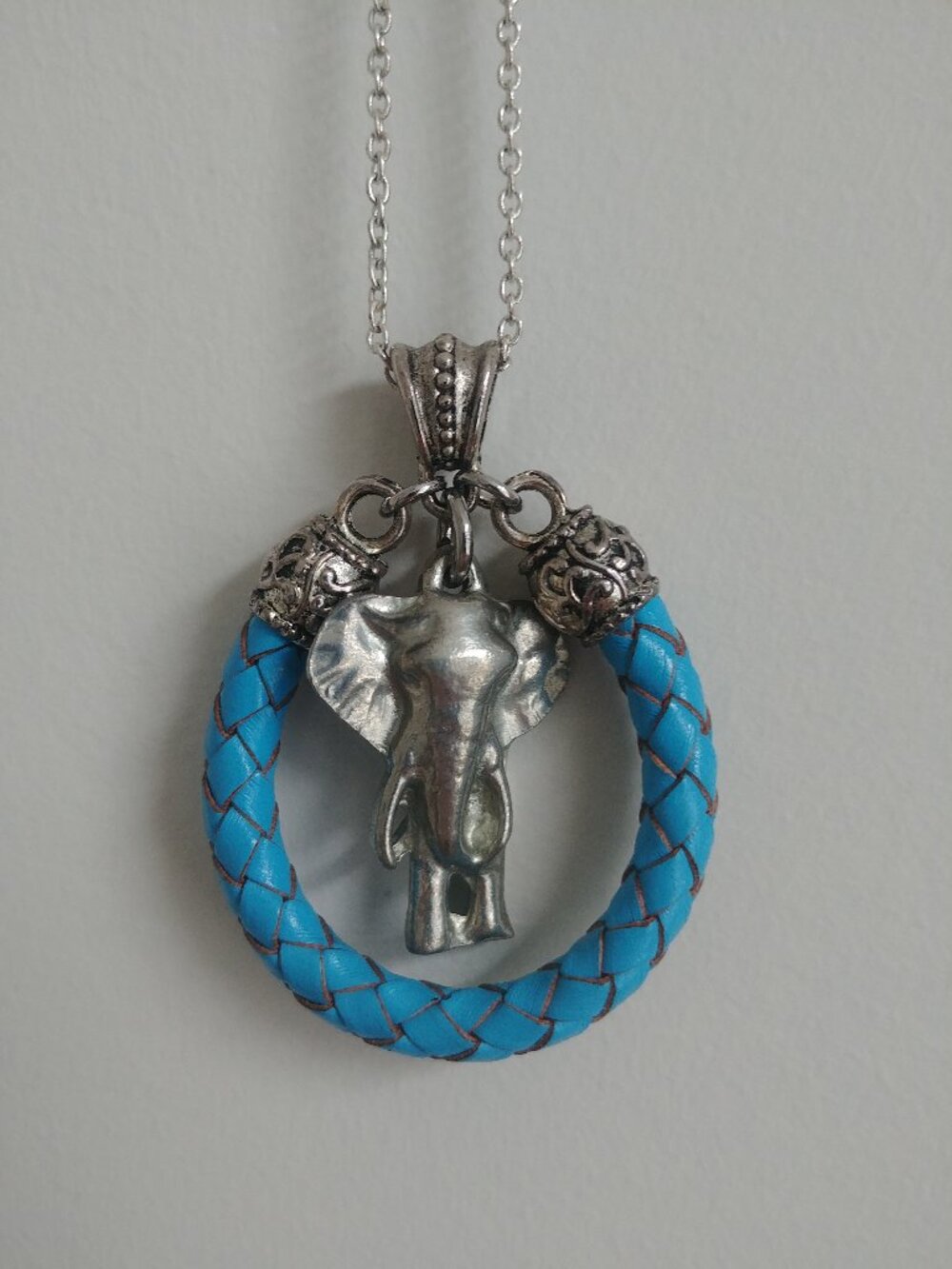 Elephant pendant necklace short silver collar chain turquoise leather br…